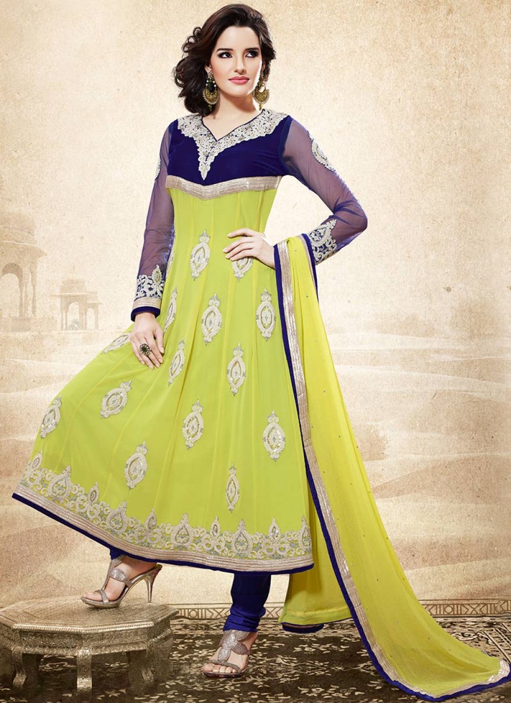 Green Embroidered Georgette Anarkali Suit