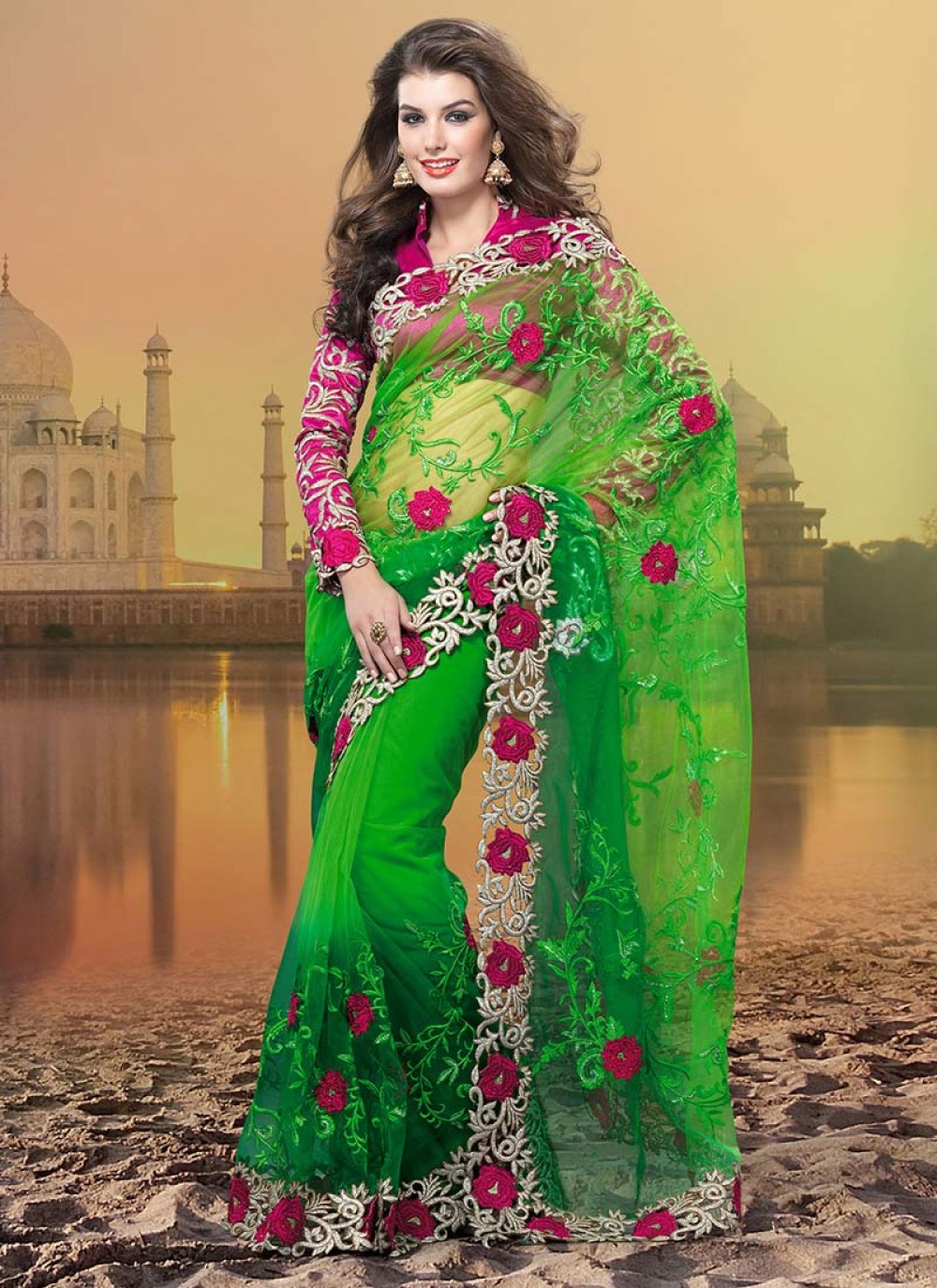 Green Resham Enhanced Net Saree