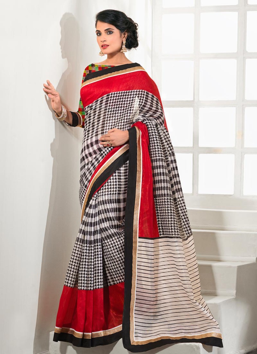 Black And Red Patch Border Work Silk Saree