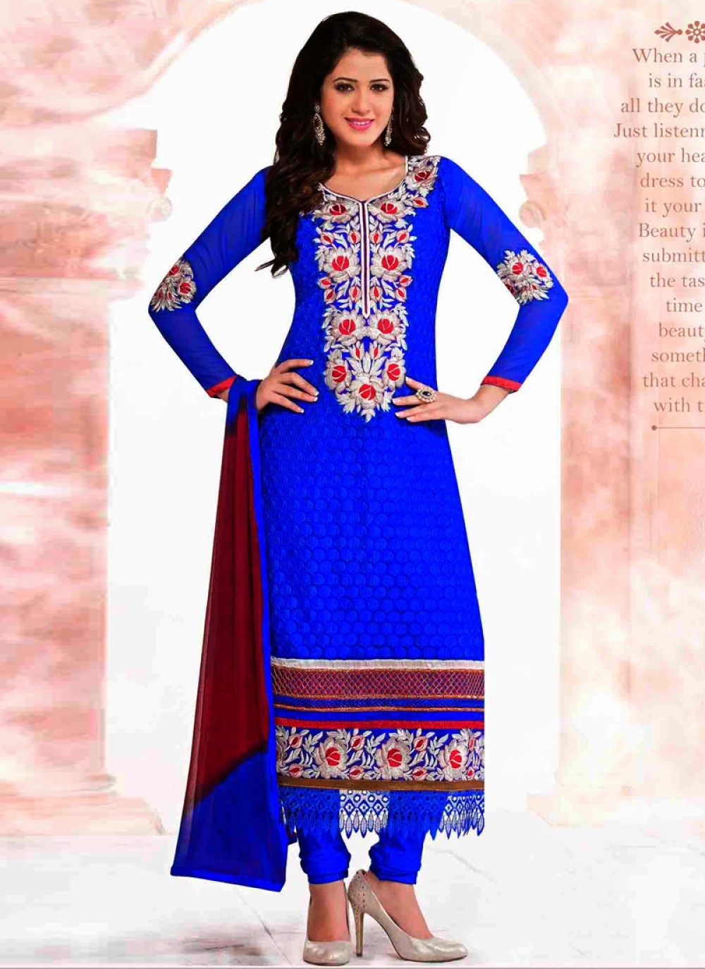 Blue Embroidery Work Churidar Suit