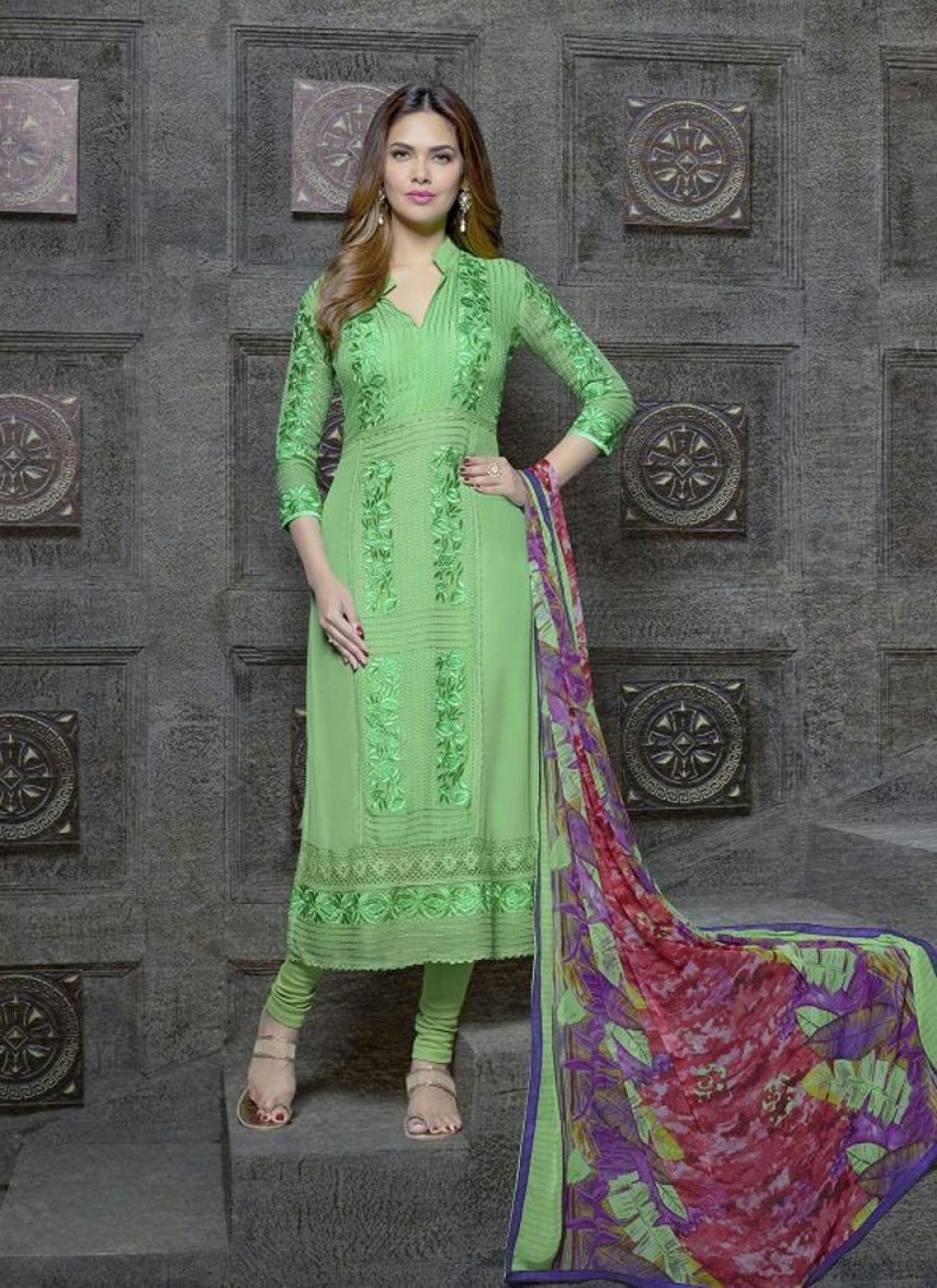 Esha Gupta Green Embroidery Churidar Suit