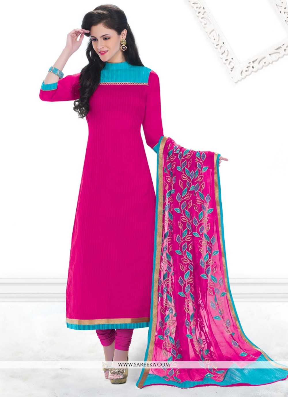 Chanderi Hot Pink Lace Work Churidar Designer Suit