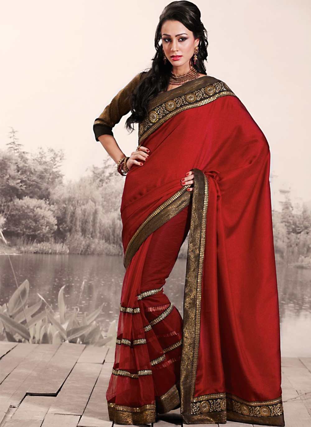 Bick Red Embroidered Saree