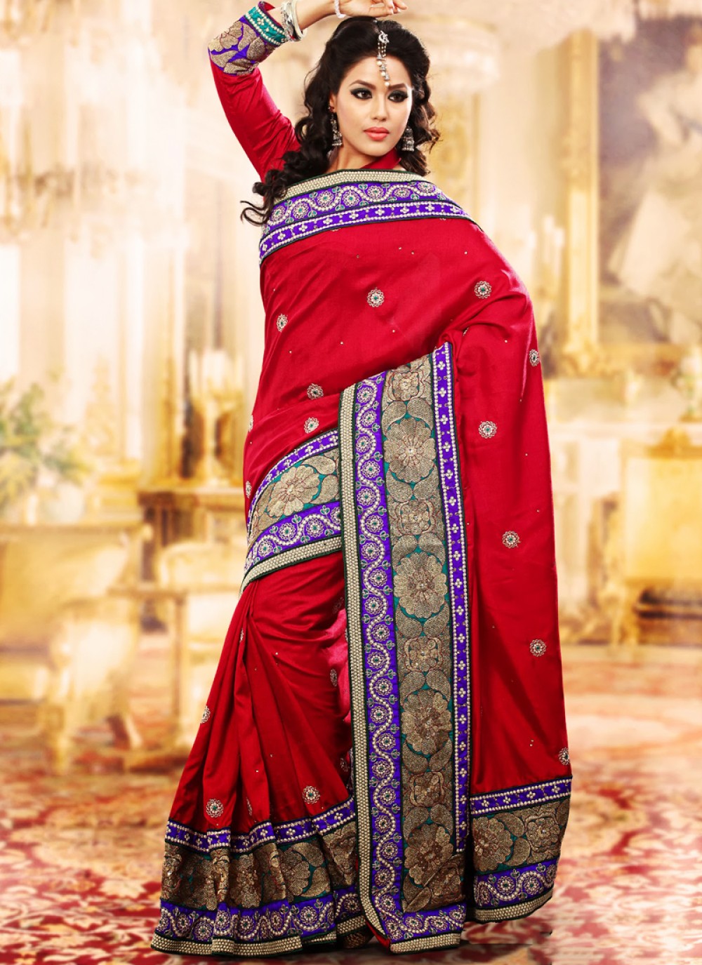 Bick Red Embroidered Saree