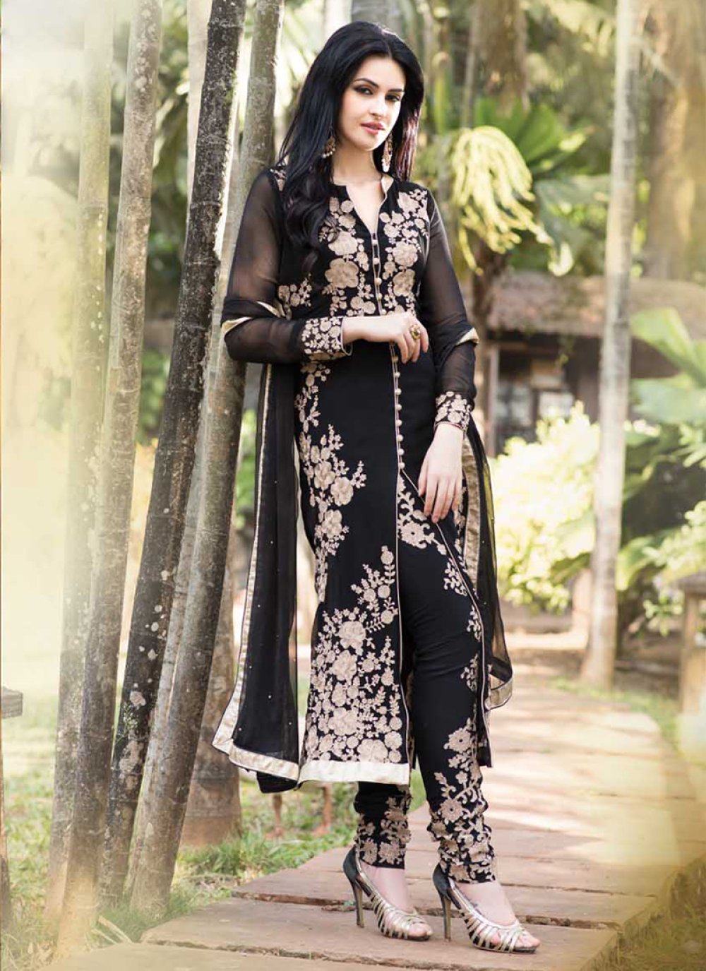 Indian Design Embroidery Pant Style Suit In Black