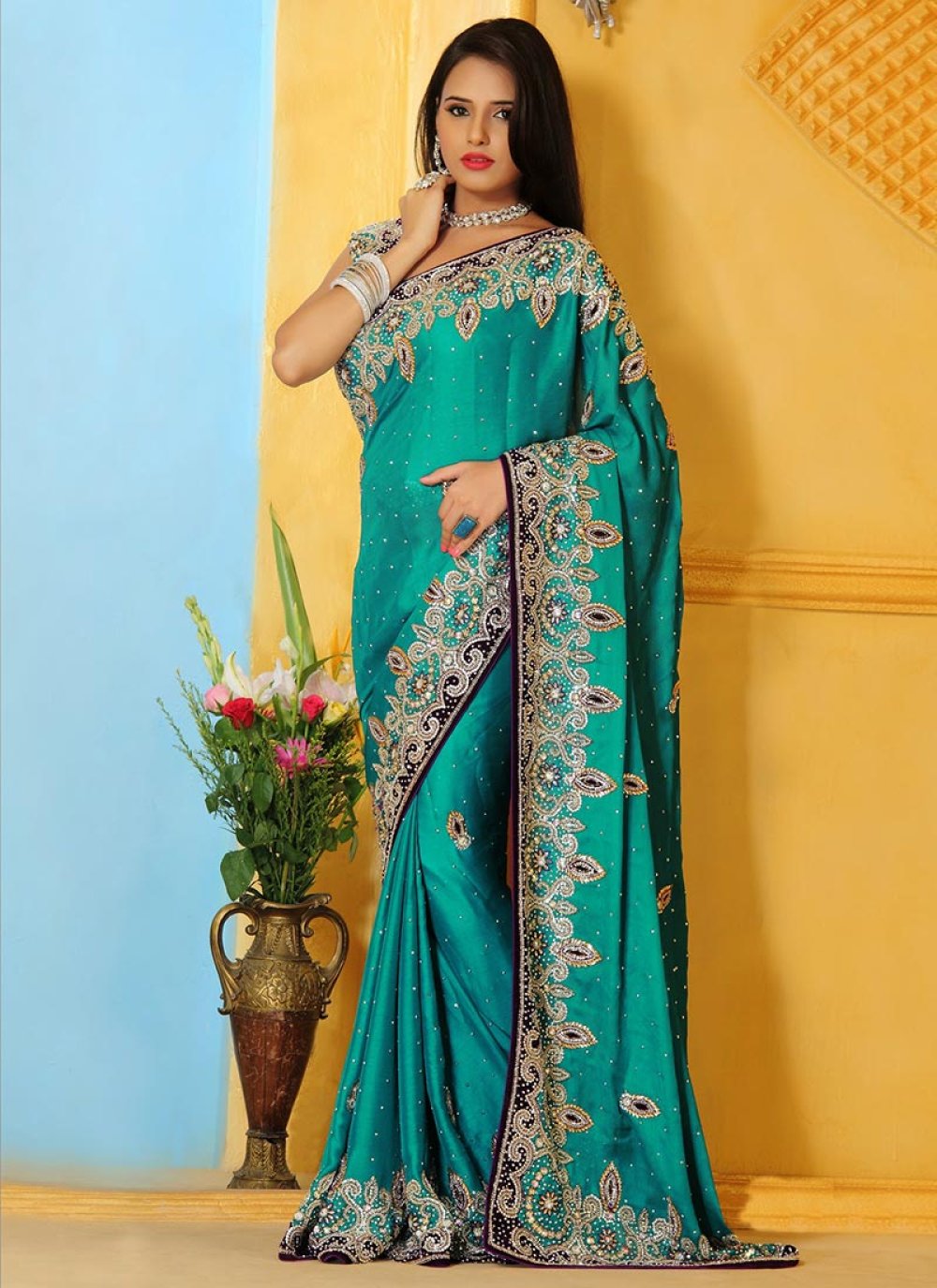 Eyeful Teal Satin Designer Saree