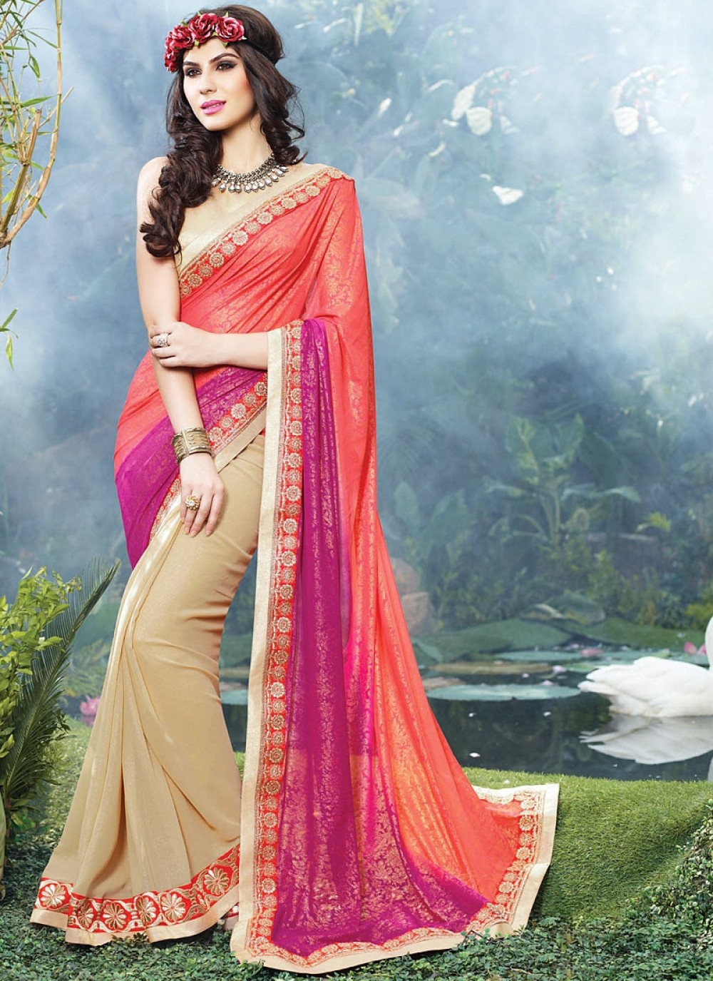 Beige And Pink Shimmer Georgette Saree