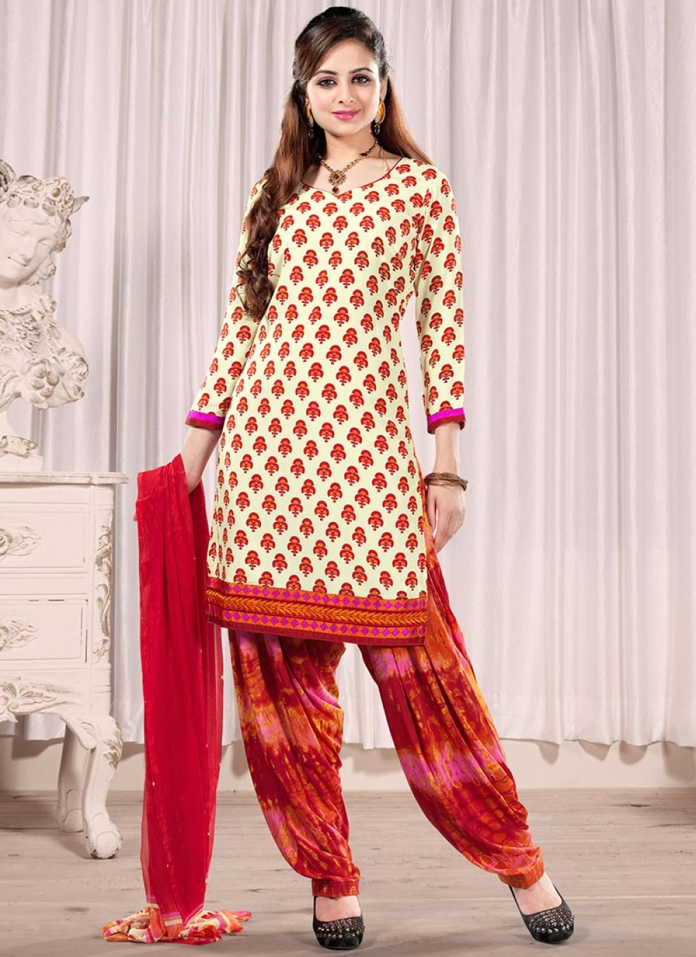 Cream And Red Faux Crepe Salwar Suit