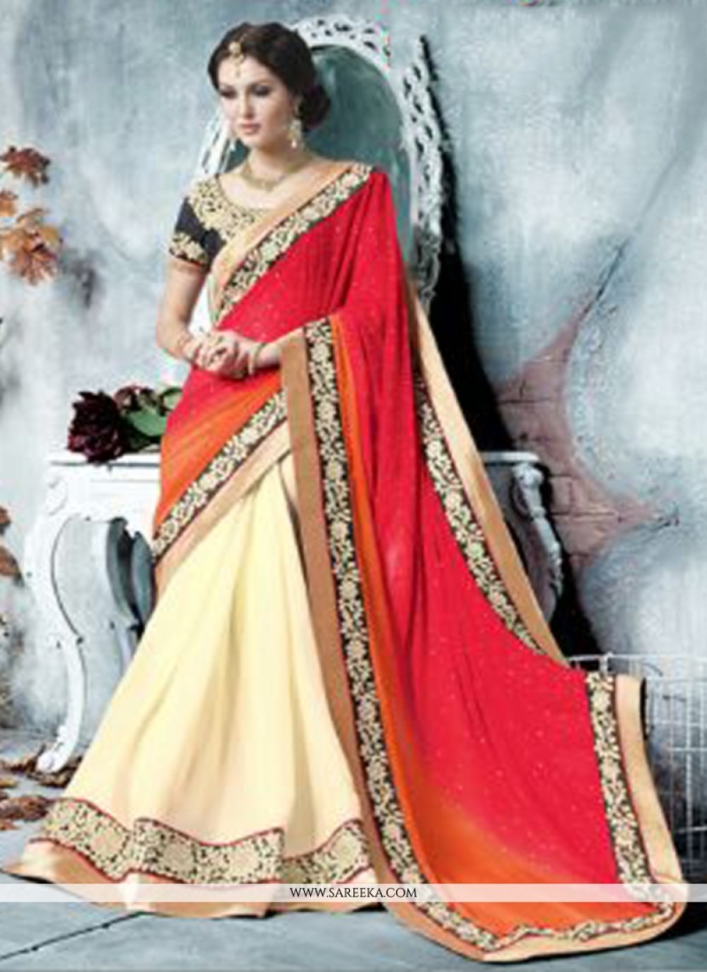 Cream And Red Georgette Saree