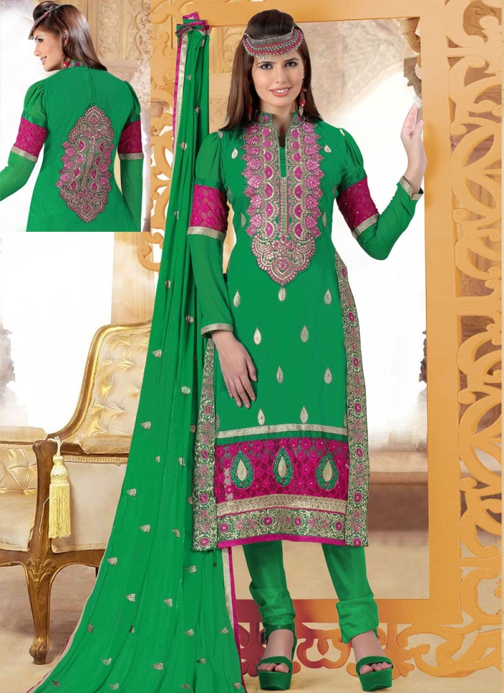 Green Cotton And Net Churidar Suit