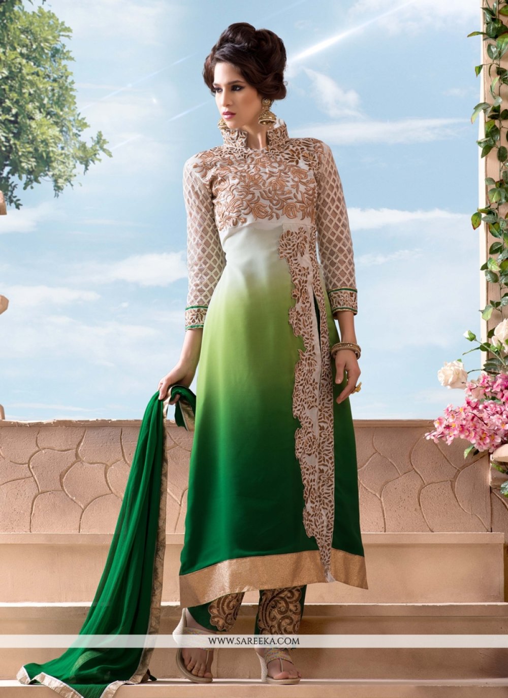 Green Georgette Pant Style Salwar Suit