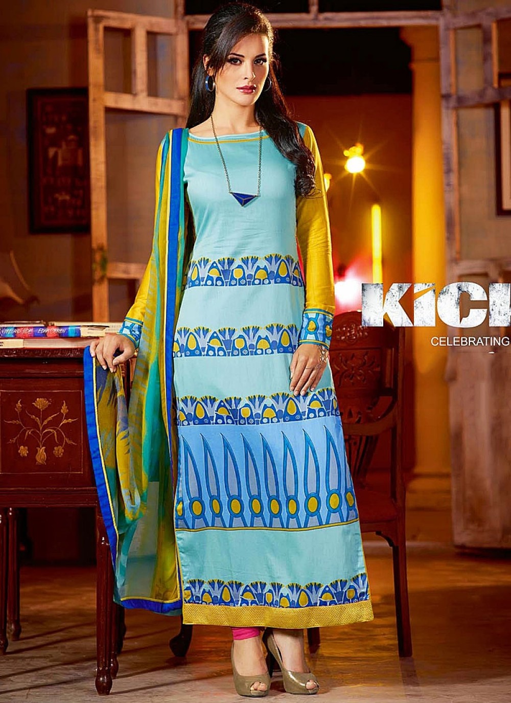Kick Movie Blue Cotton Printed Churidar Suit