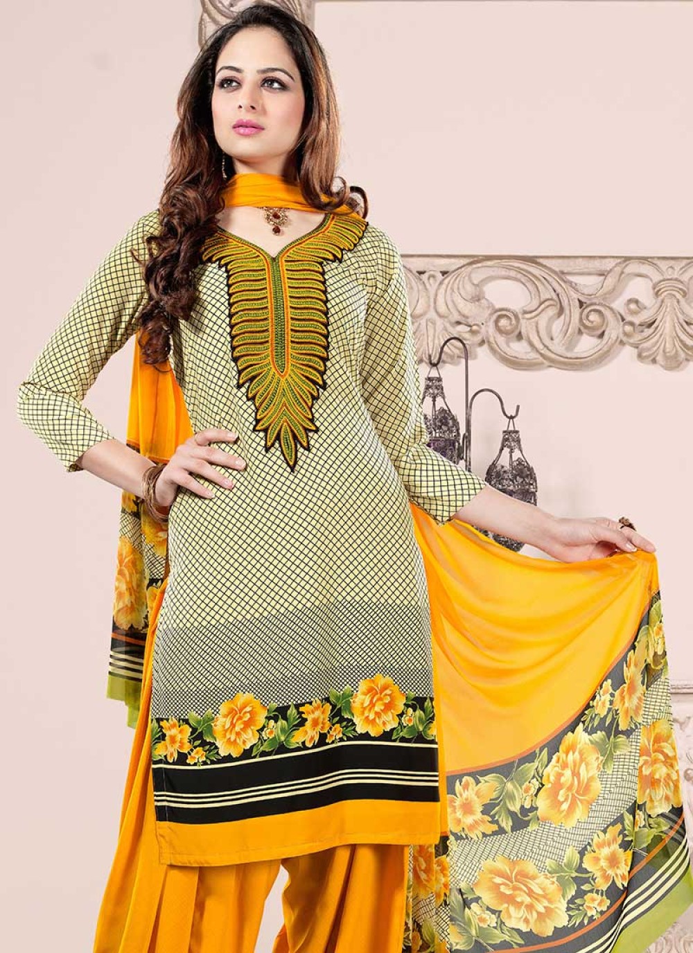 Mustard And Cream Faux Crepe Patiala Suit