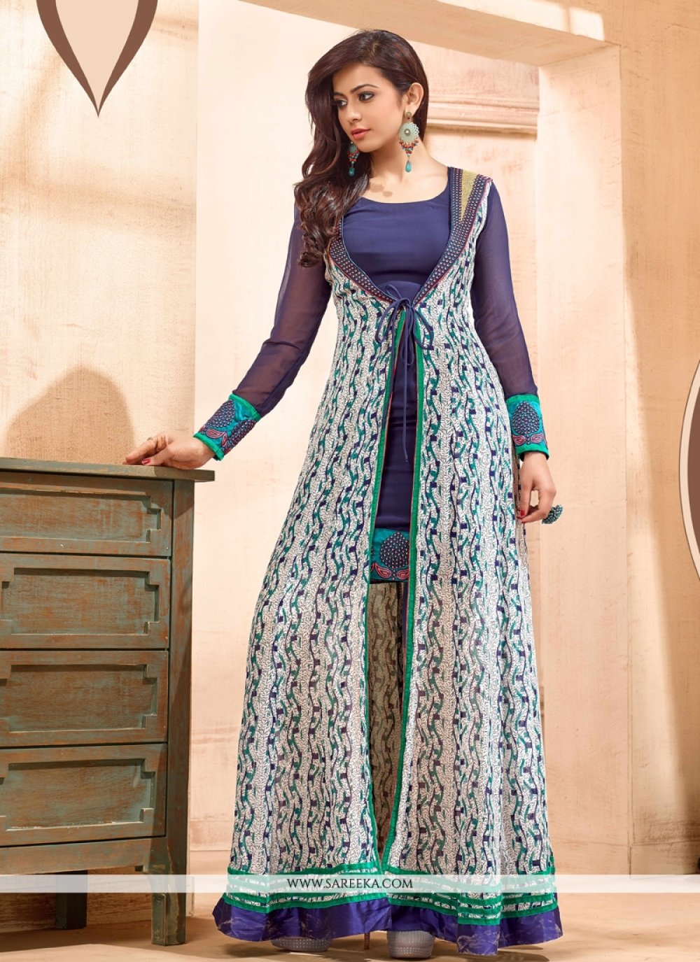 Off White And Blue Georgette Anarkali Suit