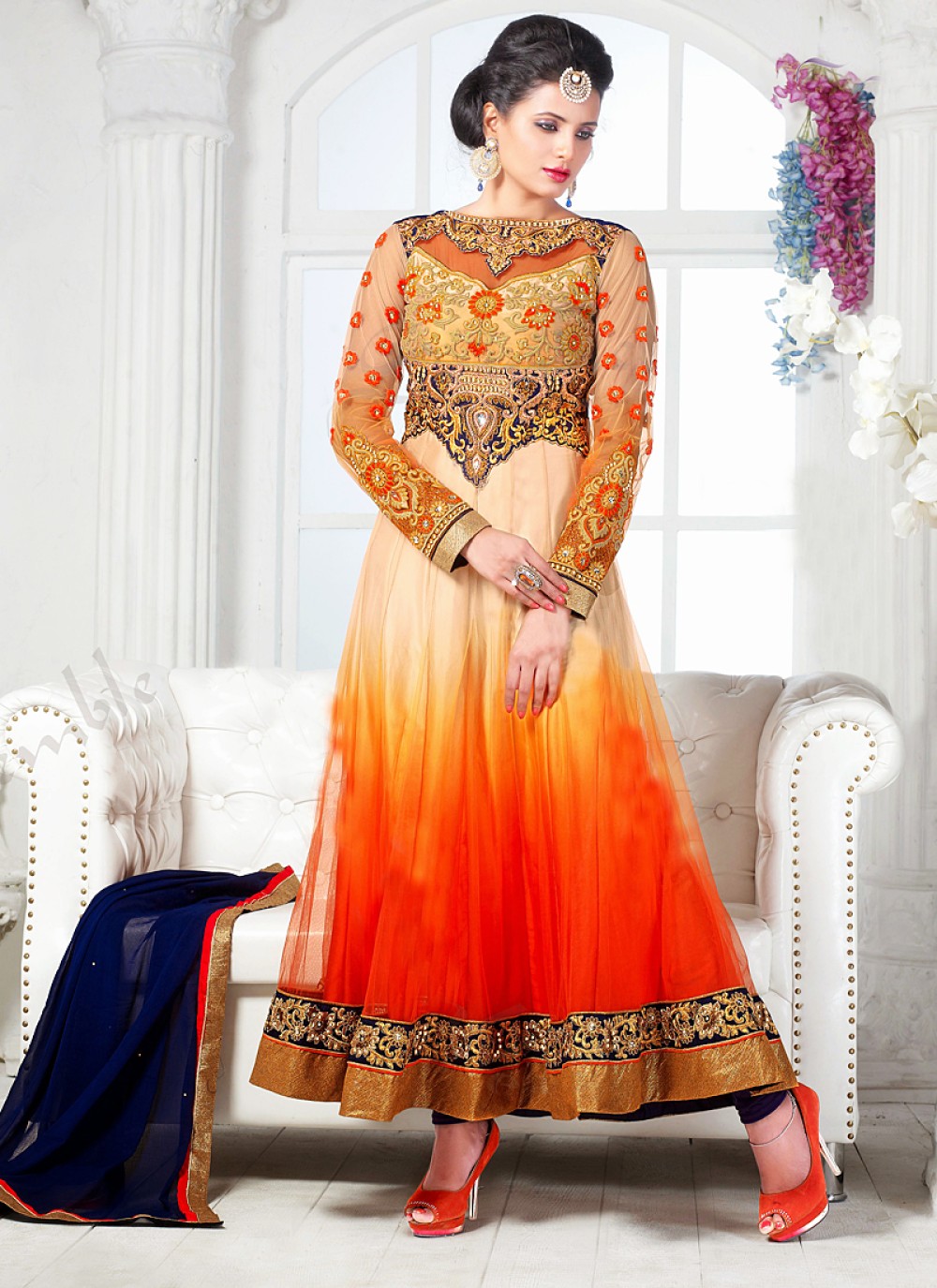 Orange Embroidery Work Net Anarkali Suit
