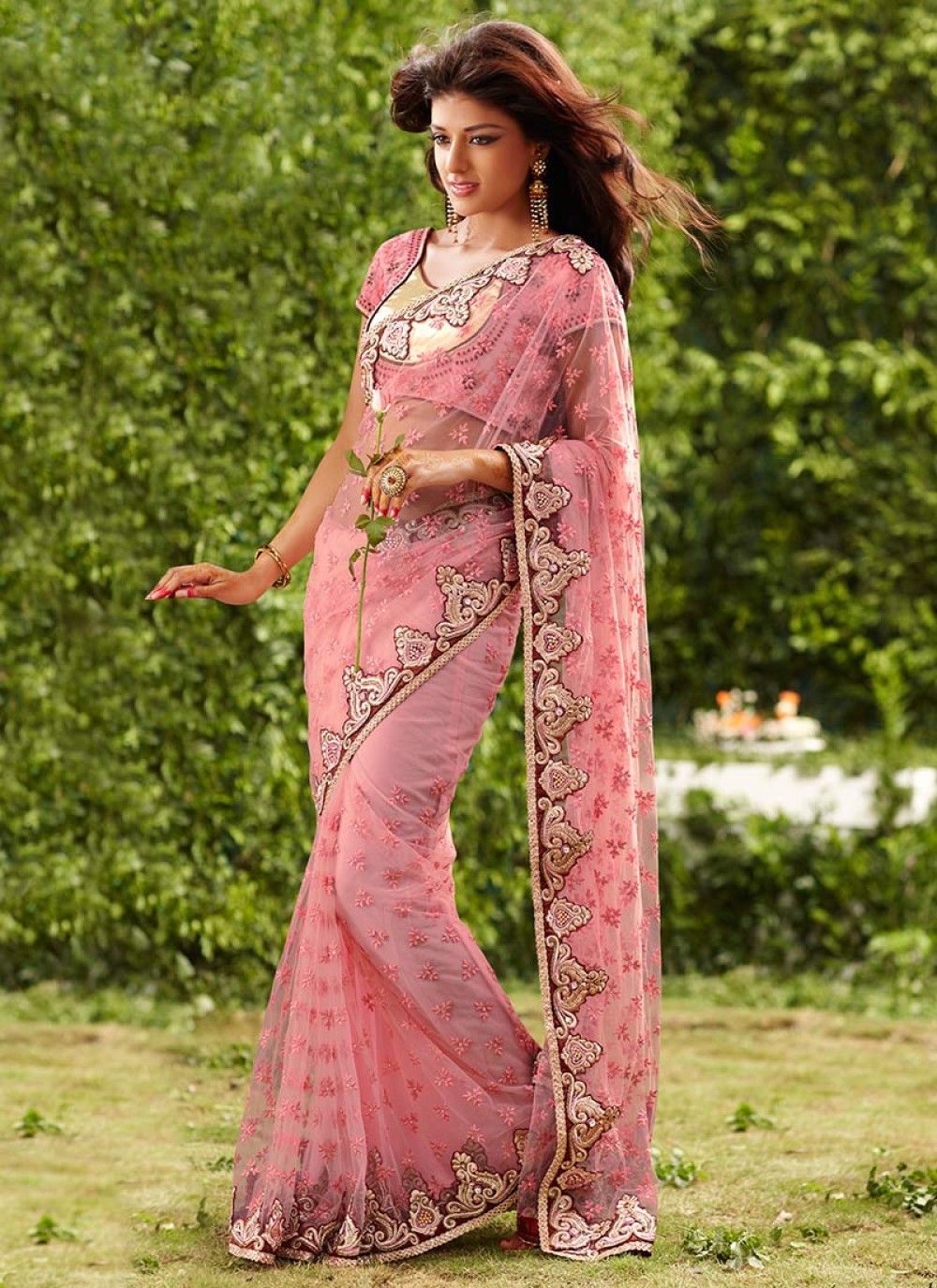 Pink Resham Embroidered Net Saree