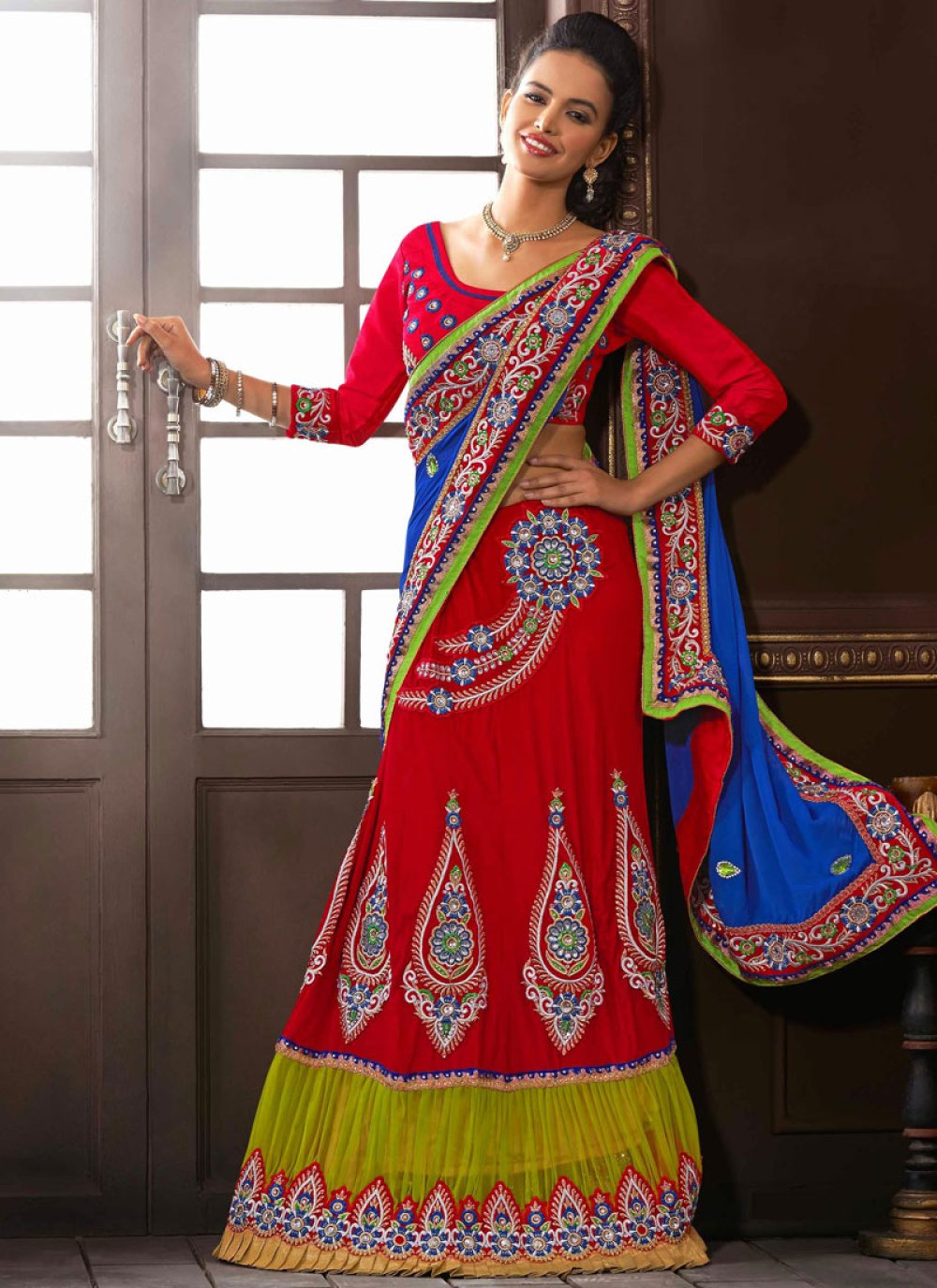 blue and red lehenga