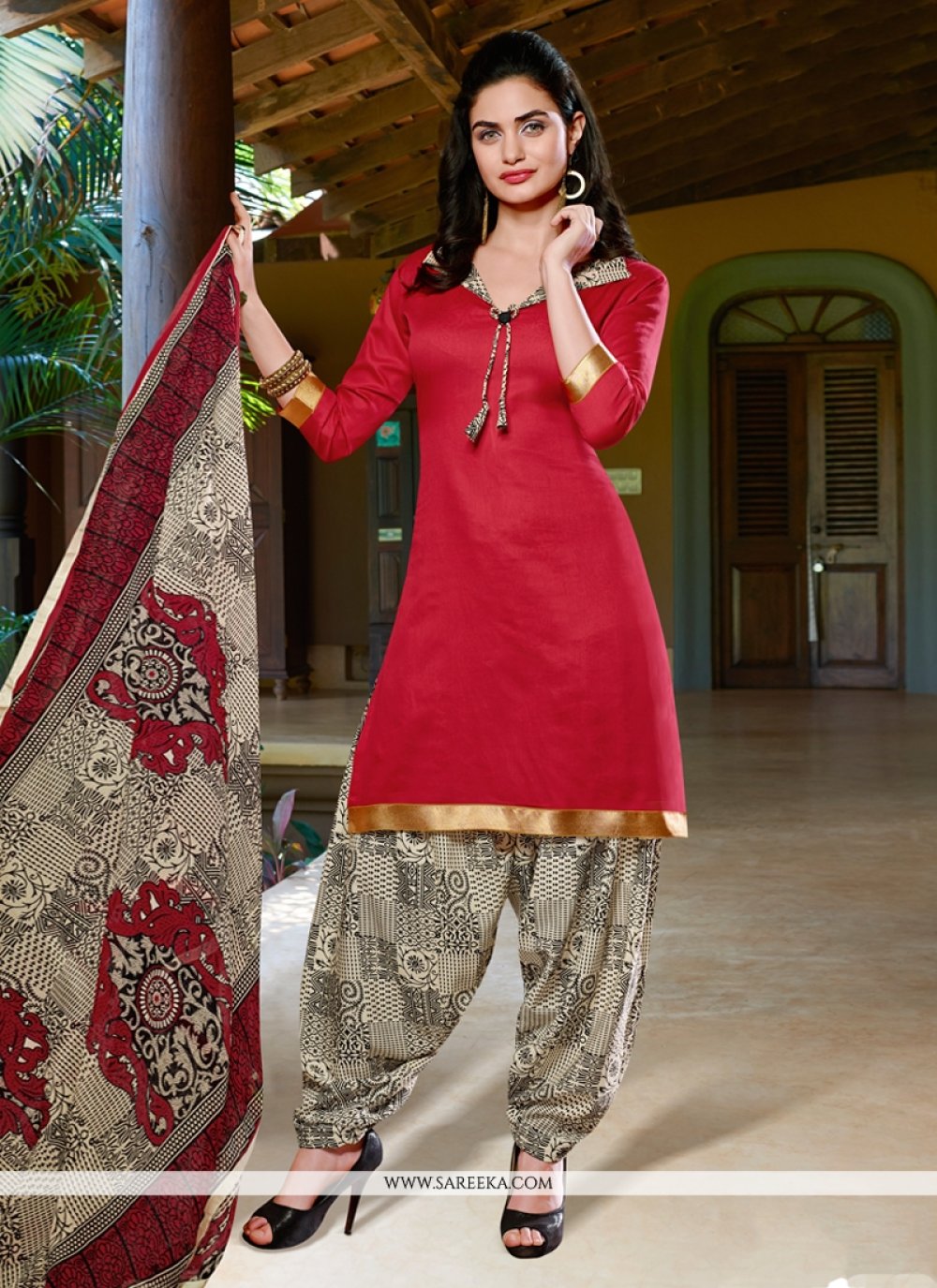 Red Cotton Satin Punjabi Suit
