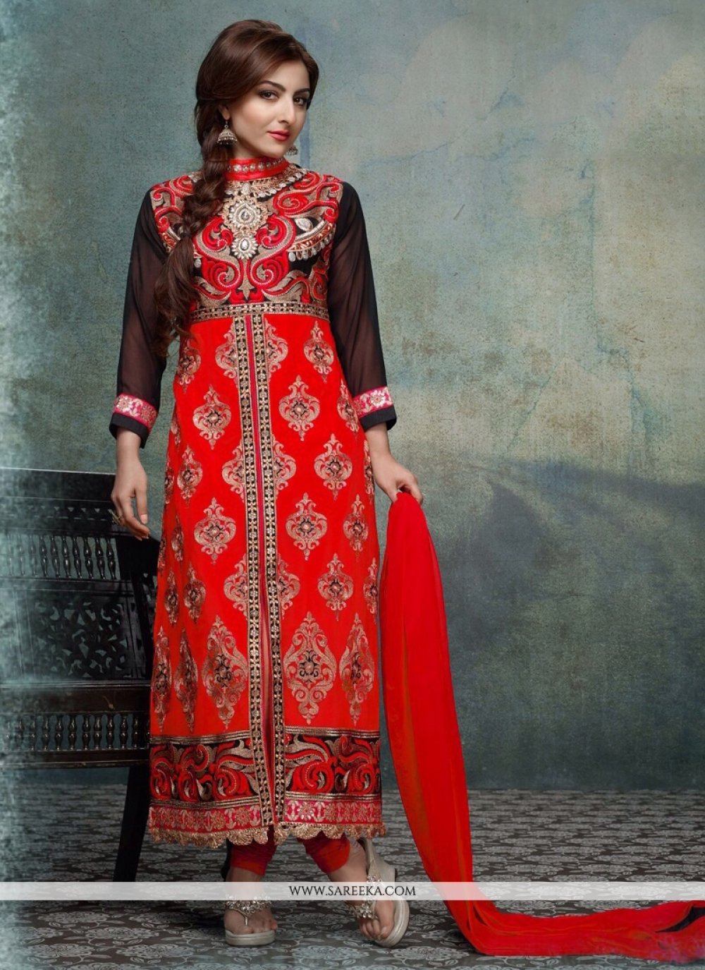 Soha Ali Khan Red Embroidery Work Churidar Suit