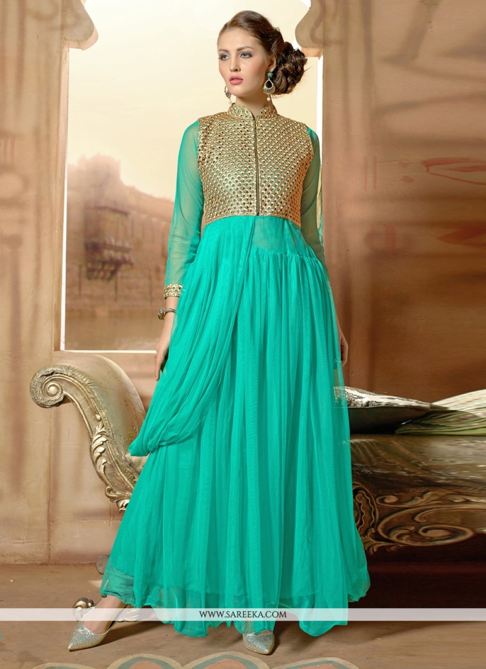 Turquoise Blue Net Designer Gown