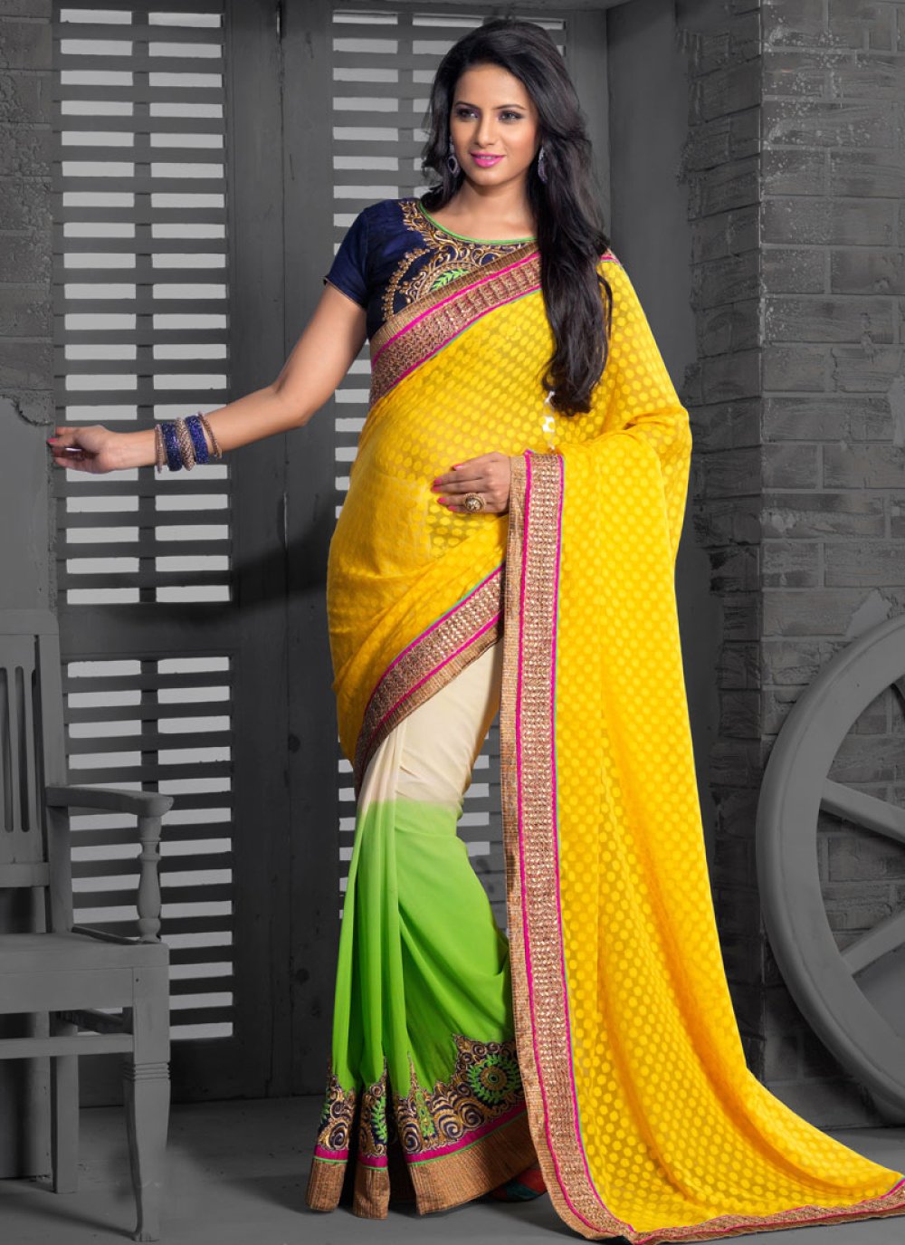 Light Green and Yellow Crepe Silk Georgette Saree - PSAEI3230 from...