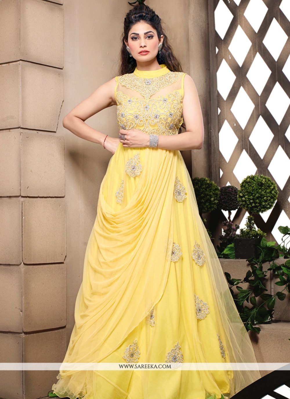 yellow net gown