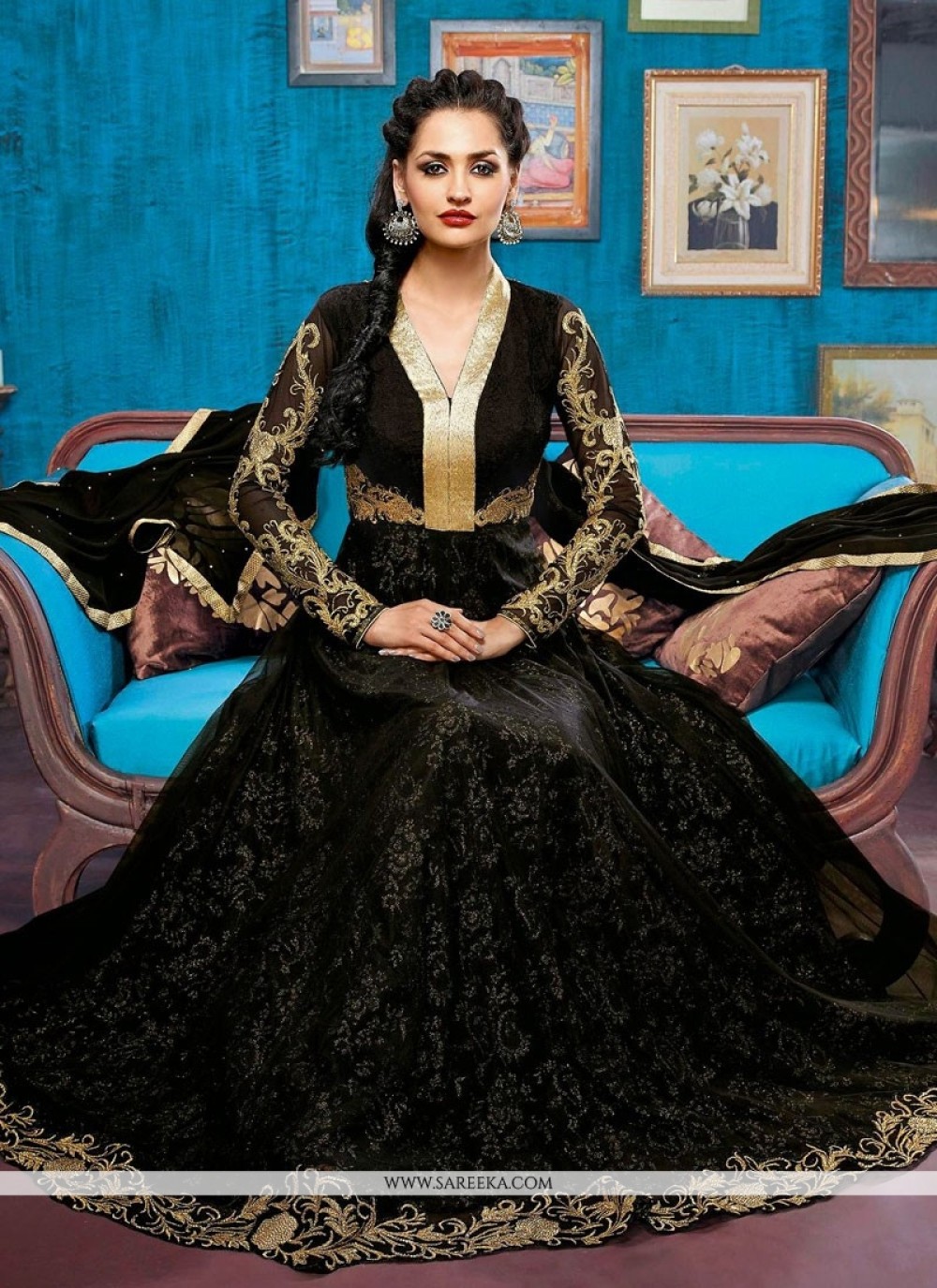 Fabulose Black Zari Work Net Anarkali Suit