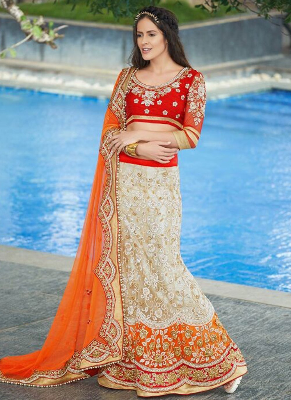 Cream crepe a line lehenga choli 8603