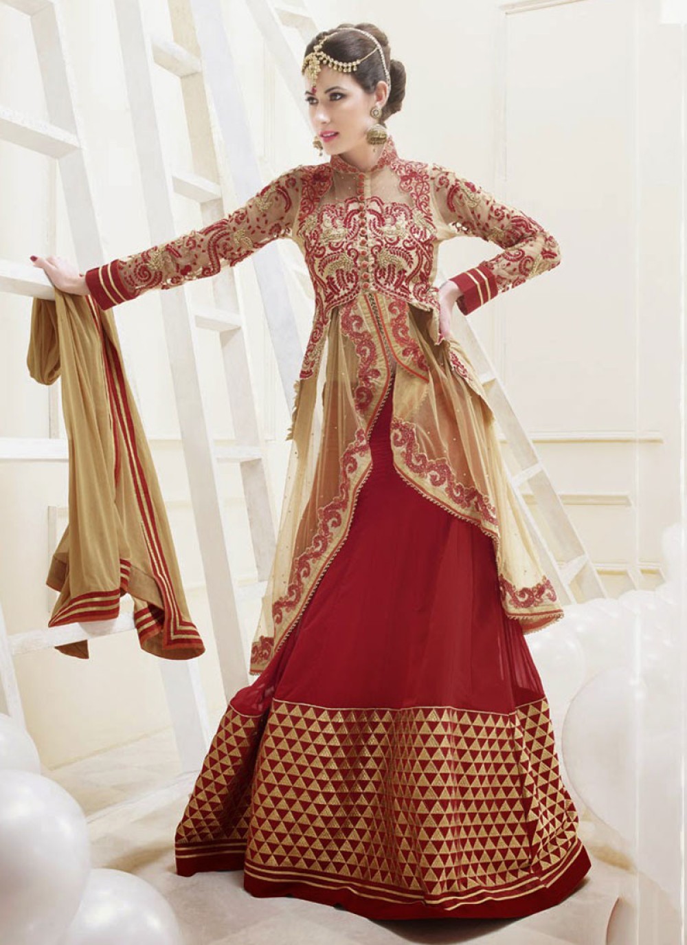Fabulose Red And Cream Resham Work Net Anarkali Suit