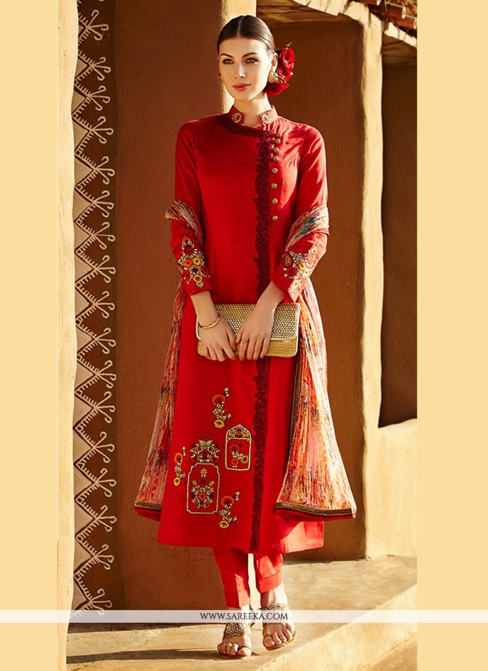 Fabulose Red Pure Linan Pant Style Suit