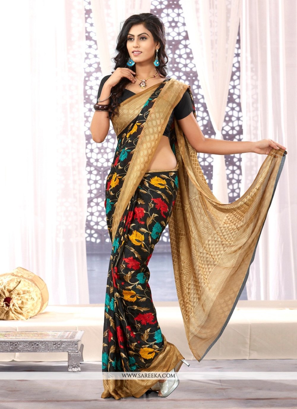 Womanista Women's Satin Sarees (TI3232_Black) : Amazon.in: Fashion