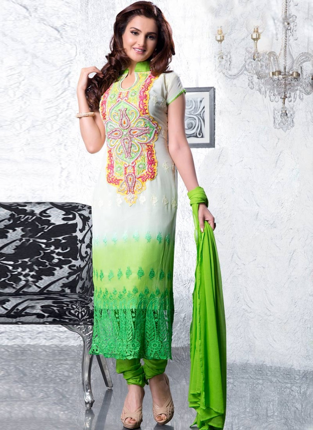 Green Resham And Embroidered Churidar Suit