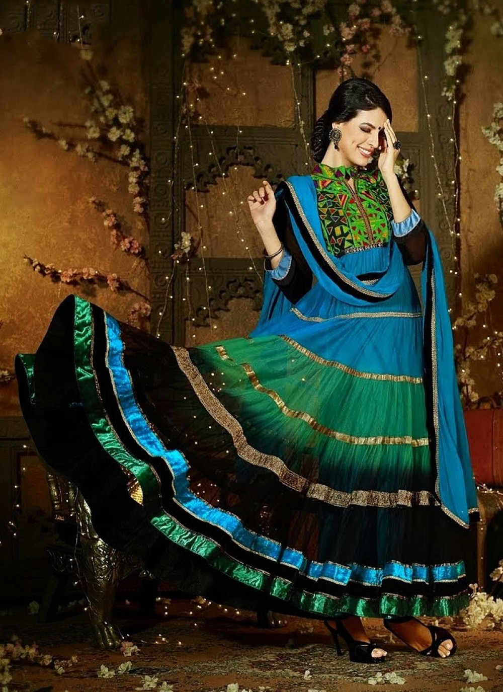 Blue And Sea Green Georgette Anarkali Suit