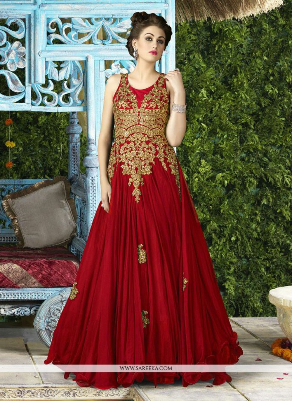 Red Embroidered Work Designer Gown