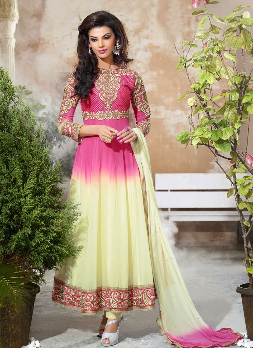 Galvanizing Pink And Cream Cutdana Work Anarkali Suit - Main Image