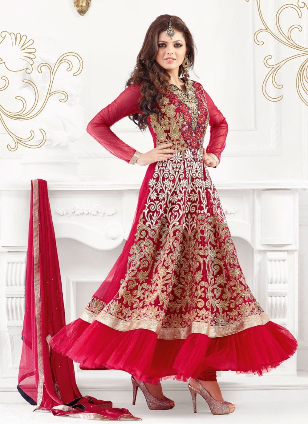 Garceful Red Resham Work Net Anarkali Salwar Suit