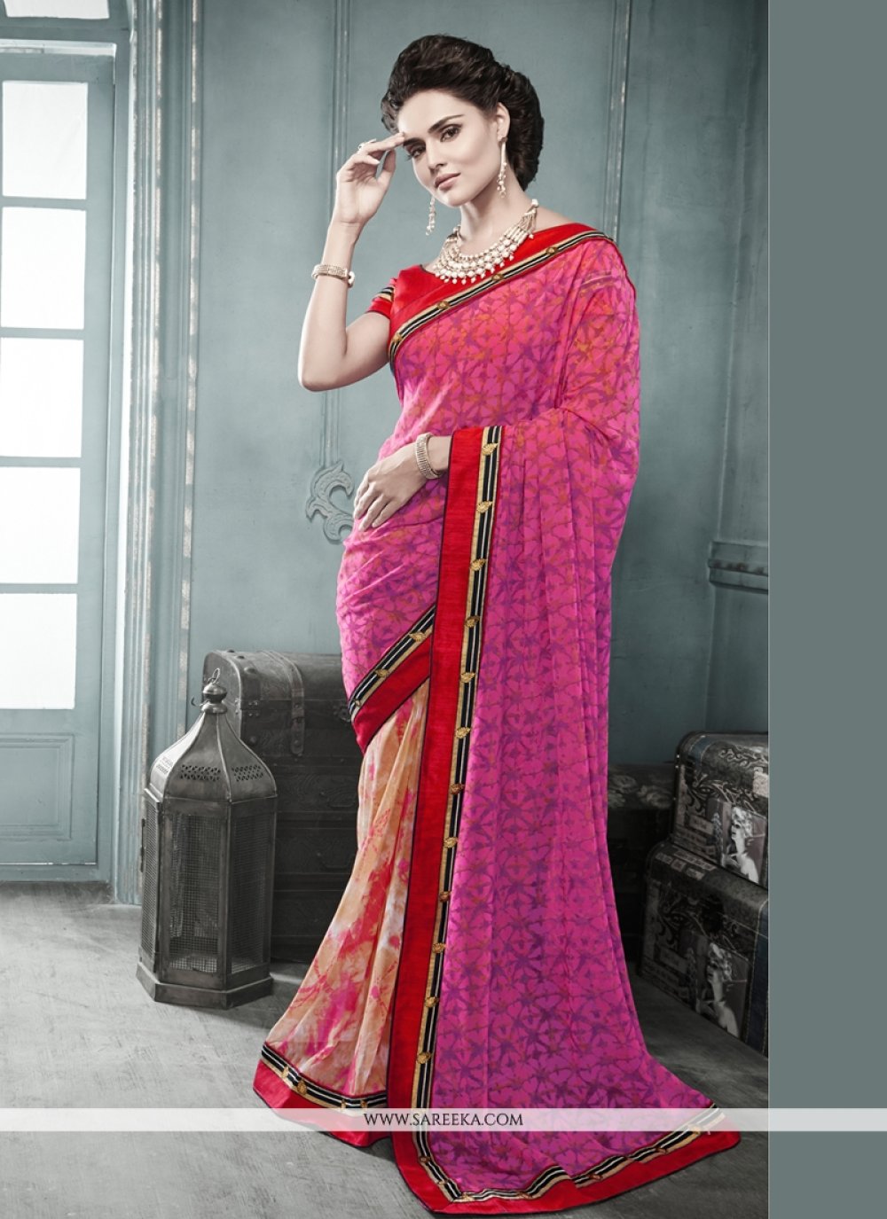 Pink And Cream Georgette Casual Saree