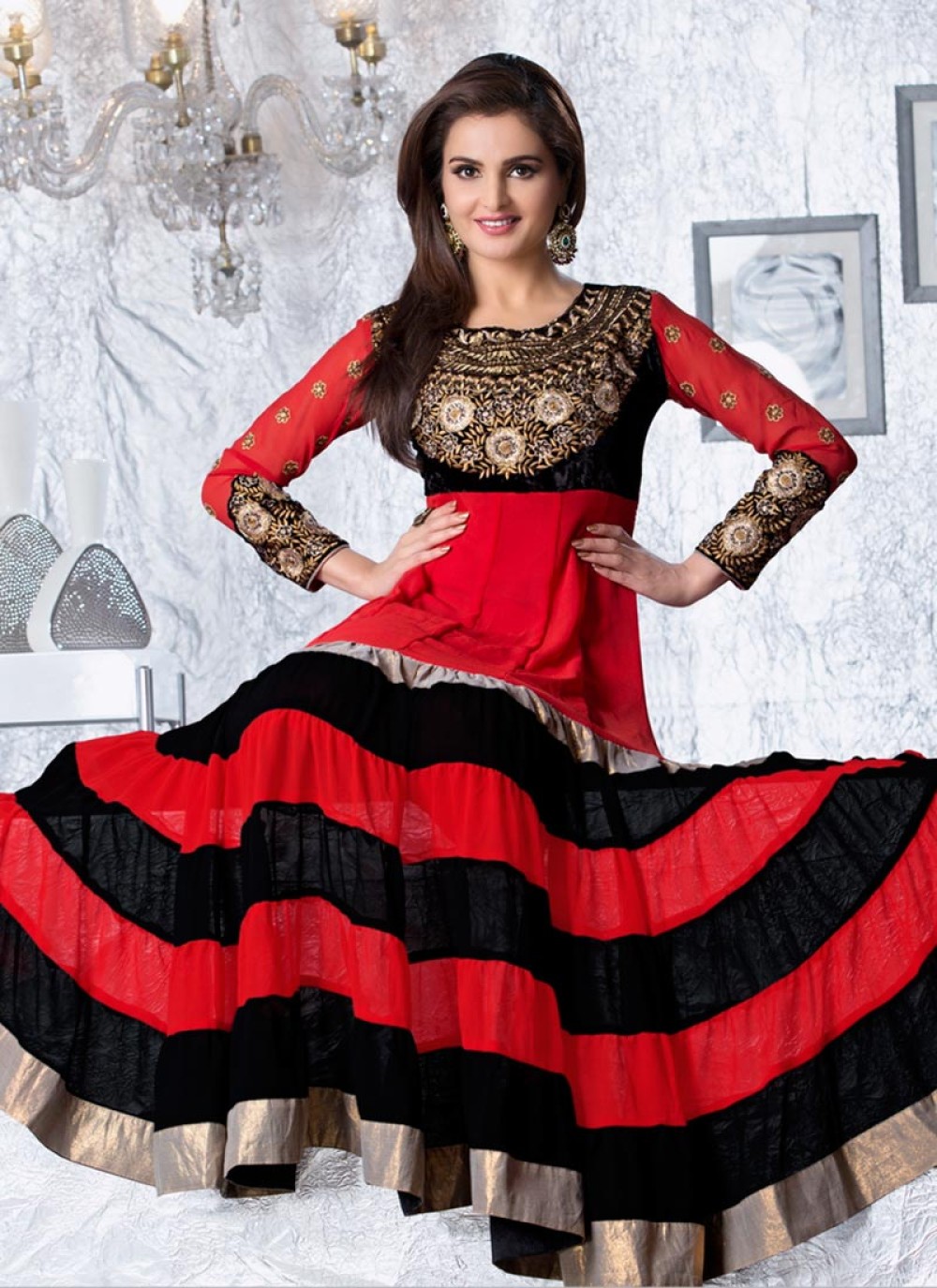 Georgette Red And Black Ankle Length Anarkali Suit