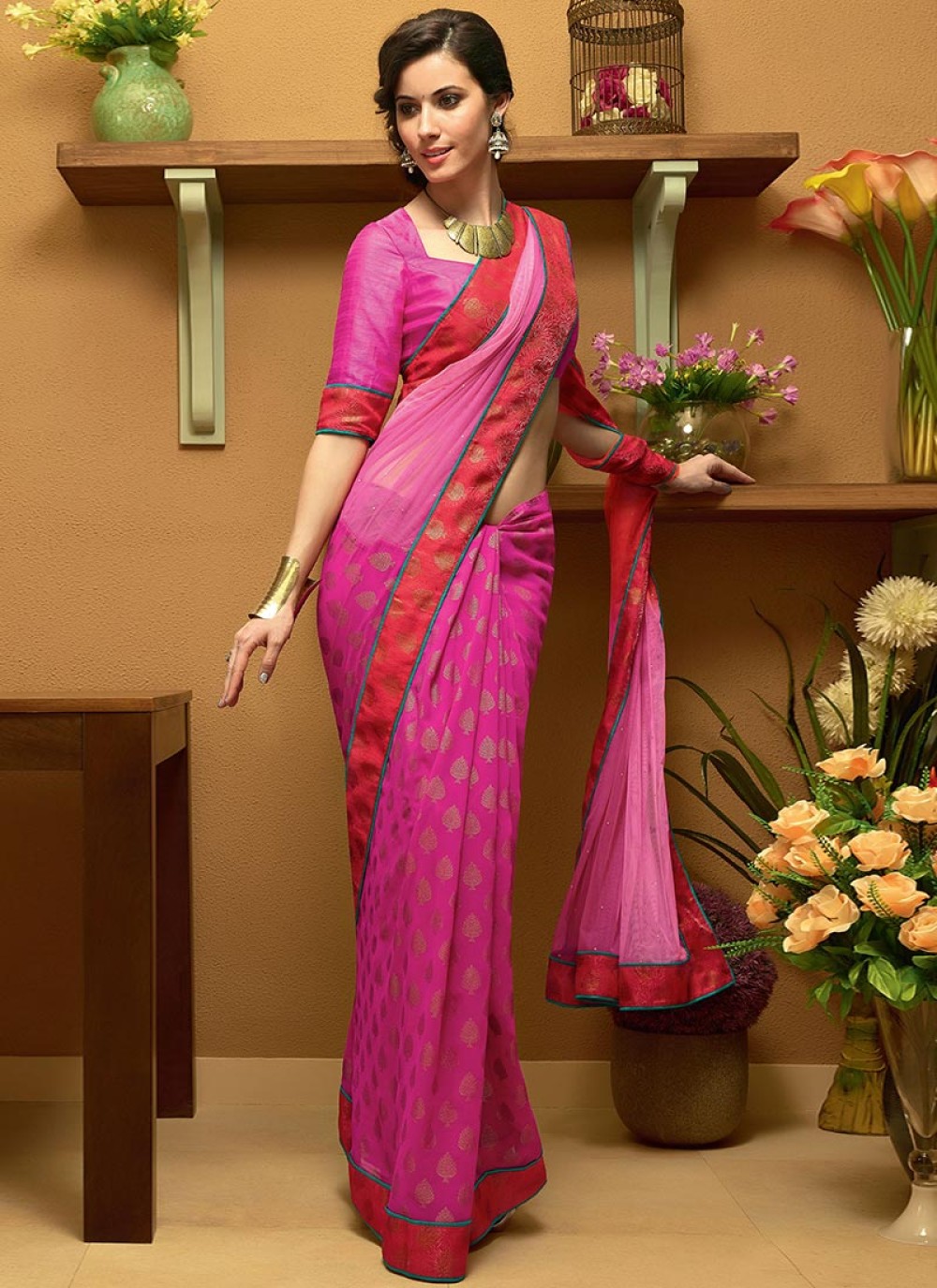 Pure Georgette Saree Sari Solid Plain Colour with Blouse Material Pink Dark  | eBay