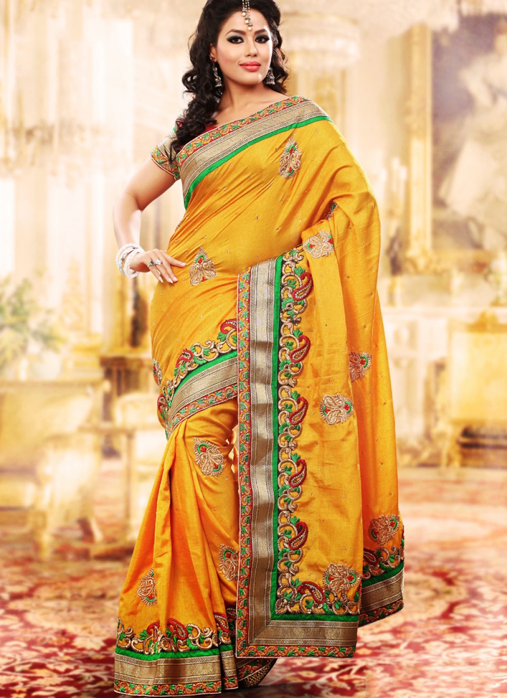 Gold Color Embroidered Saree