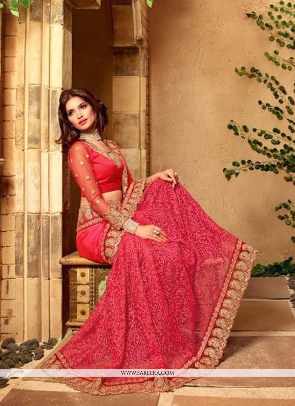 Red Faux Chiffon Wedding Saree -