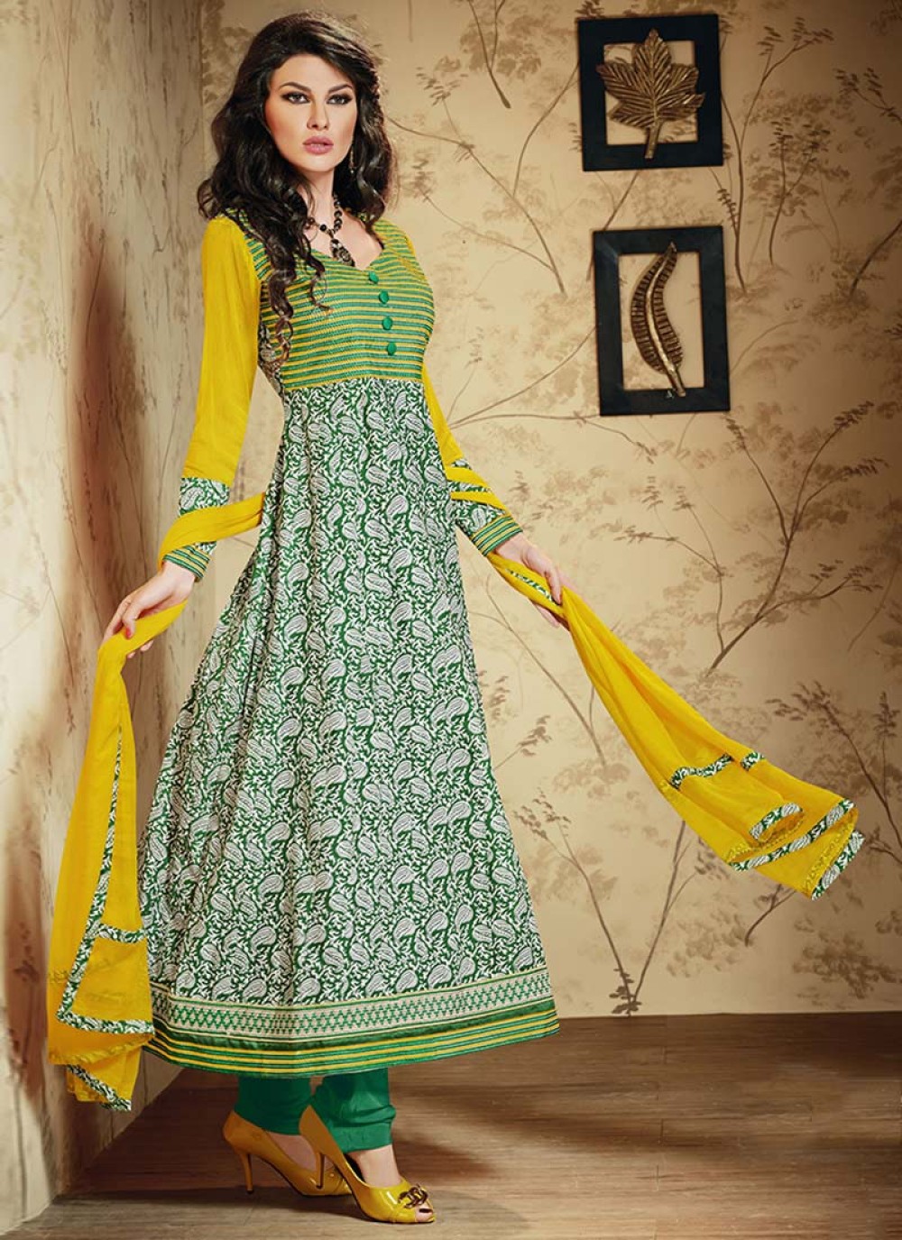 Green Printed Cotton Anarkali Suit