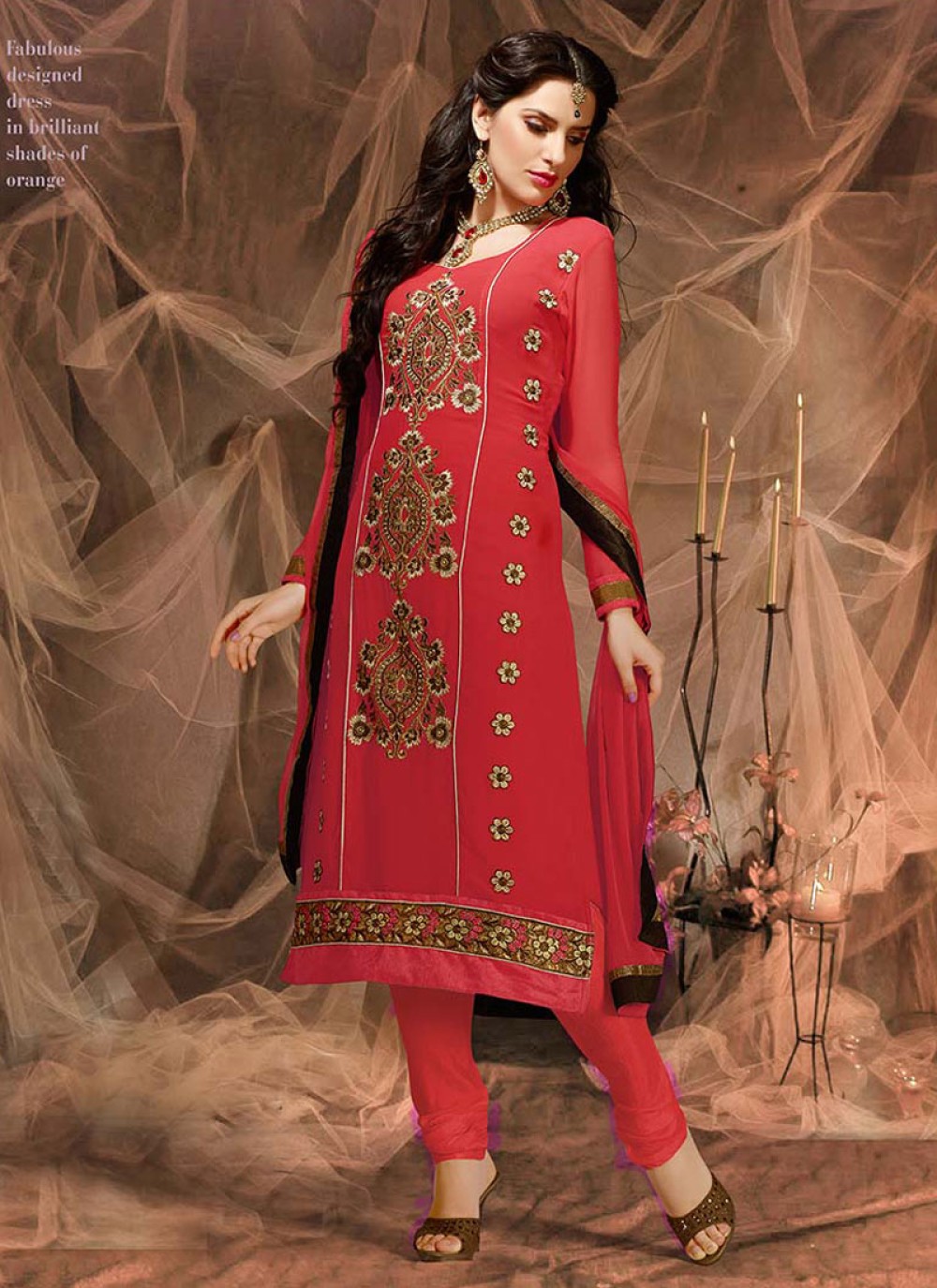Red Embroidery Work Churidar Suit