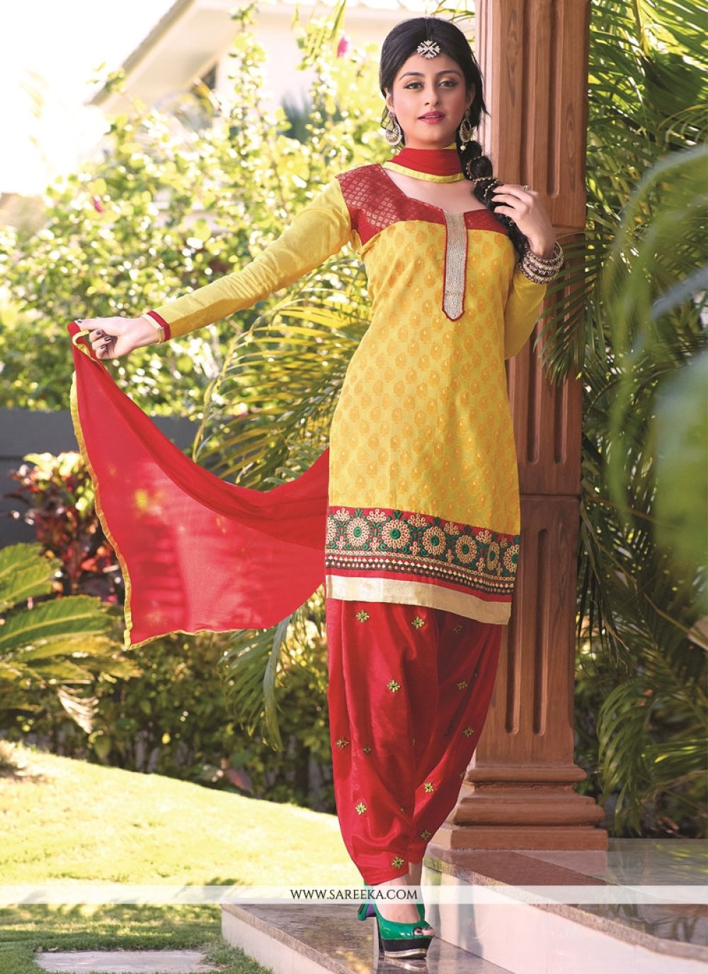 Yellow And Red Banarasi Jacquard Punjabi Suit