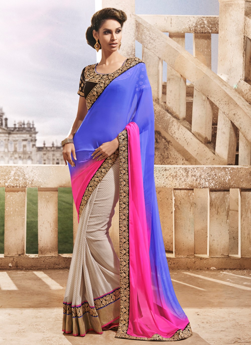 Pastel Pink with Sky Blue Semi-Soft Silk Saree