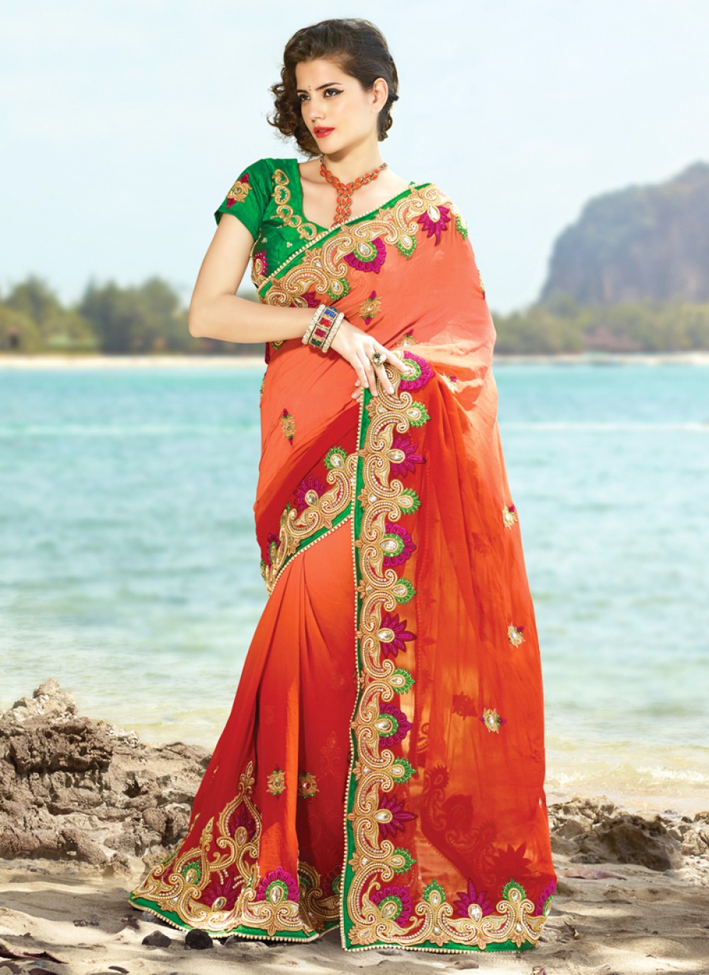 Gorgeous Coral Embroidered Saree