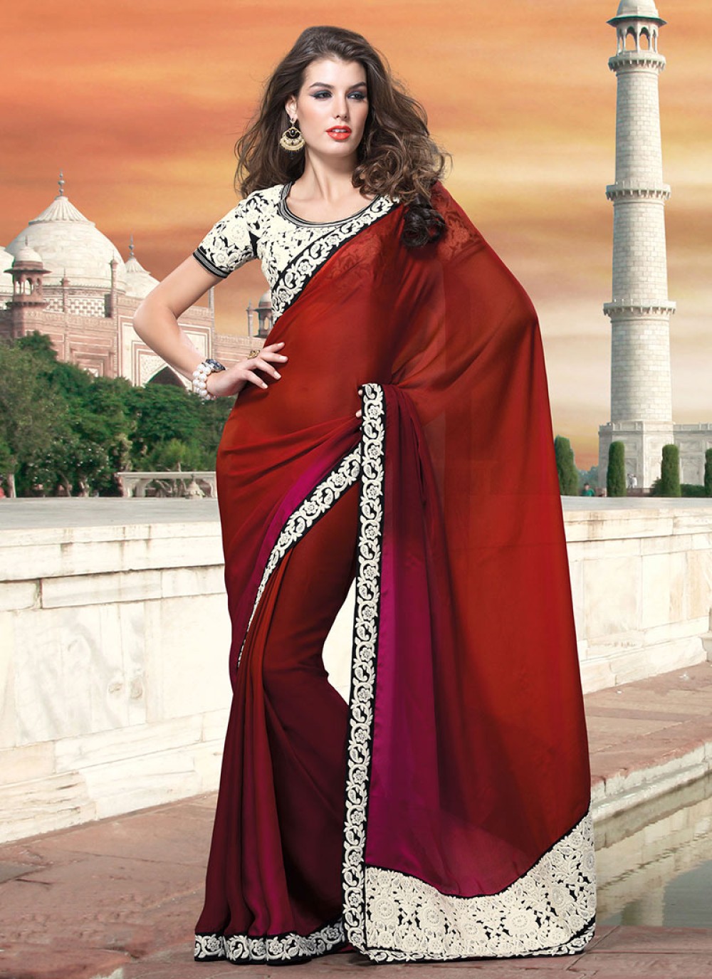 Buy Likha Maroon Georgette Solid Embellished & Sequined Saree with  Unstitched Blouse LIKSAR17 (Free Size) Online