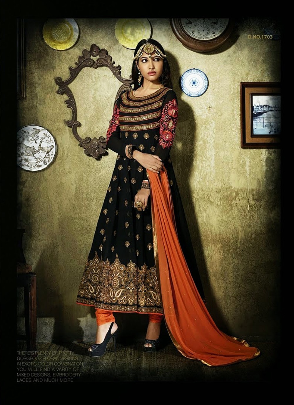 Black And Orange Zari Work Anarkali Suit