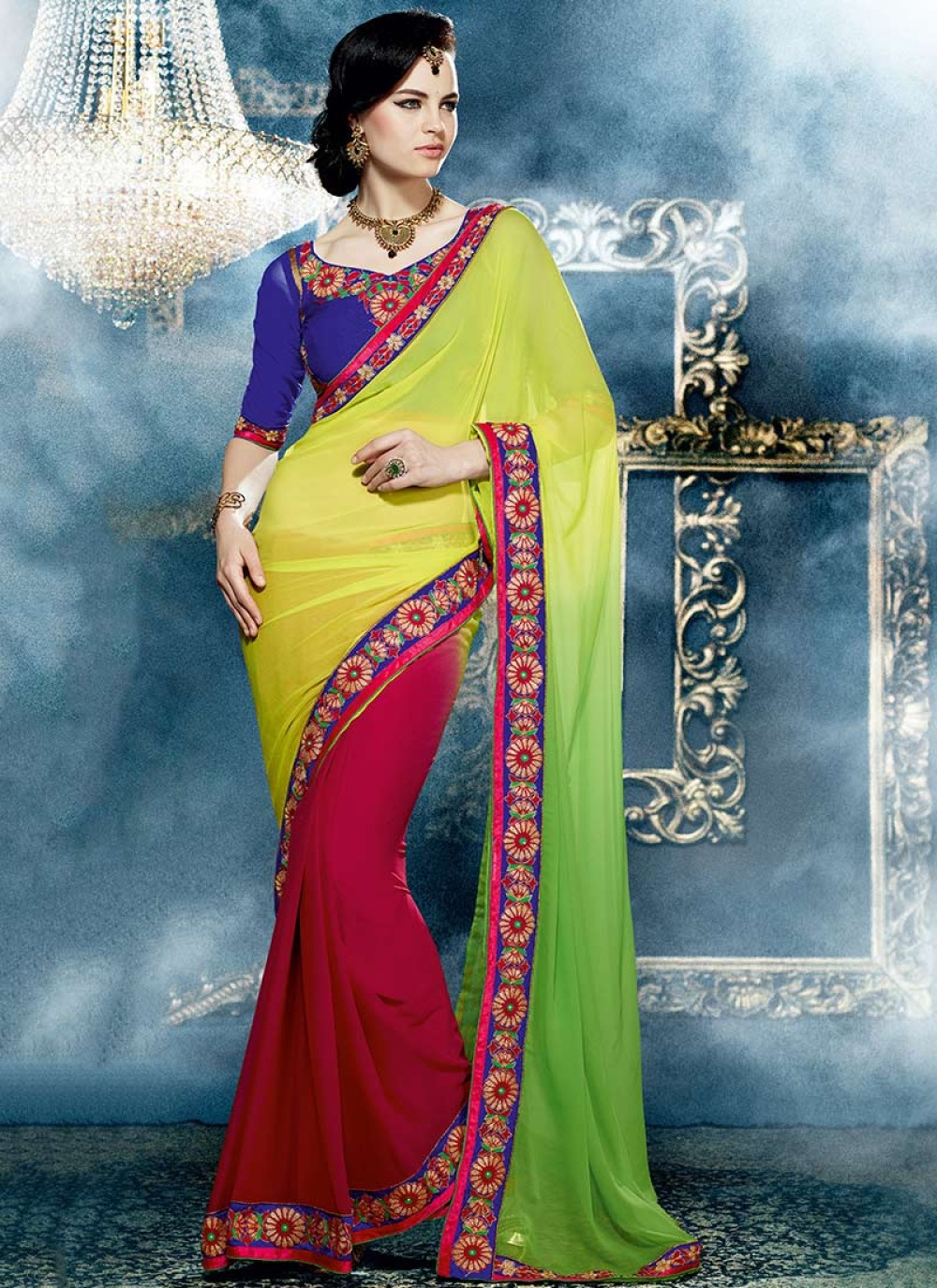 Yellow And Maroon Georgette Half And Half Saree