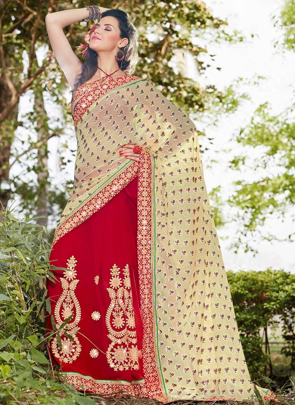 Grand Beige And Red Embroidered Work Saree